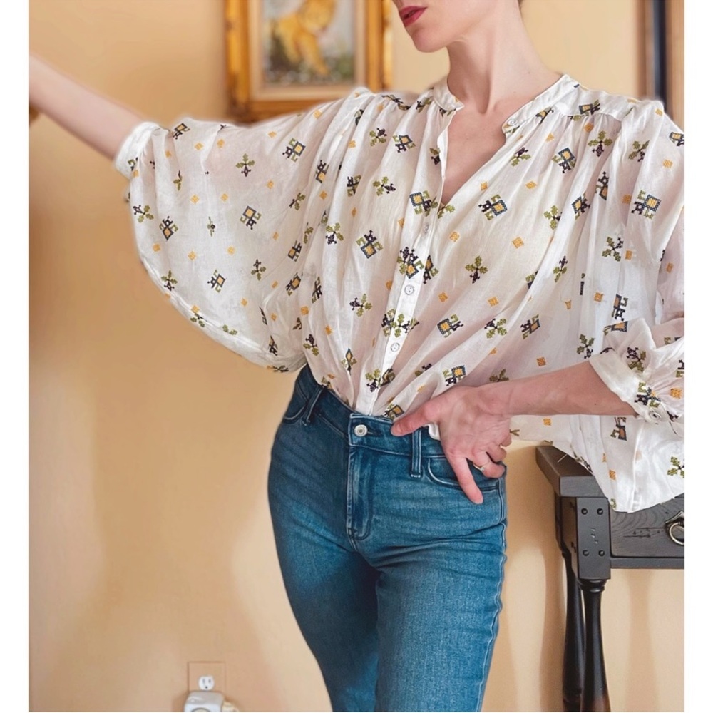 ANTHROPOLOGIE White Yellow Boho Embroidered Oversized Batwing
Dolman Cotton XS